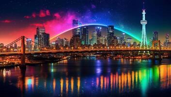 ai generatief tokyo Japan november 22019 panorama mooi visie van regenboog brug tokyo toren en tokyo downtown horizon in avond pastel lucht en schemering tafereel met stadsgezicht Bij odaiba Japan foto