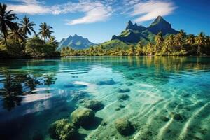 mooi zeegezicht met palm bomen en bergen in de achtergrond, een vredig en rustig lagune in bora bora, Frans Polynesië, ai gegenereerd foto