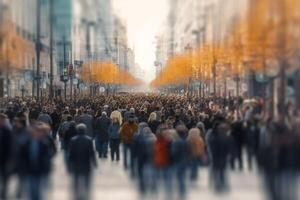 ai generatief anoniem menigte van mensen wandelen Aan bezig stad straat stad leven concept foto