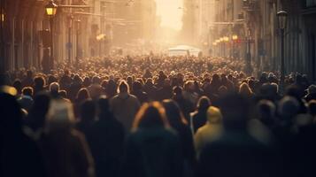 ai generatief anoniem menigte van mensen wandelen Aan bezig stad straat stad leven concept foto