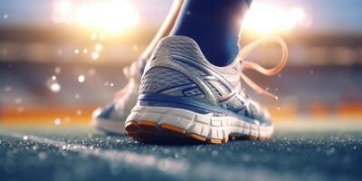 ai generatief atleet loper voeten rennen Aan loopband detailopname Aan schoen bijhouden en veld- loper in sport uniform Bij beginnend positie geschiktheid levensstijl sport en gezond concept foto