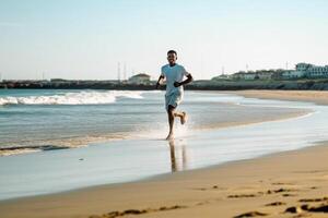 ai generatief atleet rennen Mens mannetje loper in luisteren naar muziek- Aan smartphone sportief fit jong zwart Mens jogging Bij de strand foto
