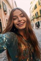 ai generatief mooi jong vrouw glimlachen Bij camera nemen een selfie bezoekende Venetië Italië gelukkig meisje genieten van weekend in piazza san marco Venetië foto