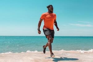 ai generatief zwart atleet rennen Mens mannetje loper Bij de strand luisteren naar muziek- Aan smartphone jogger opleiding met slim telefoon armband foto