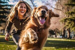 ai generatief Kaukasisch vrouw lachend en hebben pret Bij de park met haar puppy hond foto