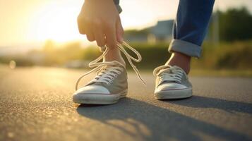 ai generatief detailopname van sportman koppelverkoop sportschoenen zwart Mens stoppen vetersluiting schoen buitenshuis sport concept foto