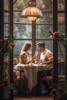 ai generatief paar in liefde dating Bij restaurant twee Kaukasisch geliefden hand- naar hand- Bij op zoek zoet foto