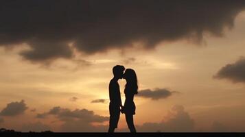 ai generatief paar in liefde zoenen Aan zonsondergang vriendje en vriendin knuffelen buitenshuis twee geliefden hebben romantisch datum zwart en wit filter liefde achtergrond concept foto