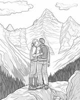 ai generatief paar in liefde zoenen Aan de top van een heuvel romantisch wandelaars beklimming bergen foto