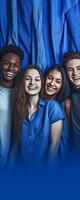 ai generatief verschillend college studenten staand samen Aan een blauw muur foto portret van multiraciaal tieners in voorkant van Universiteit gebouw leven stijl concept met jongens en meisjes gaan naar