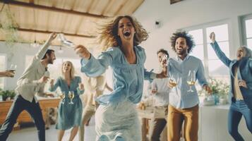 ai generatief verschillend groep van vrienden hebben huis partij samen grappig jong mensen hebben pret dansen en het zingen in de leven kamer jeugd levensstijl concept foto