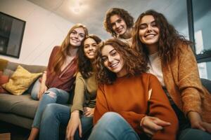 ai generatief verschillend groep van vrouw vrienden genieten van partij en lachend samen Dames vrienden hebben pret Bij huis zittend Aan de bankstel gelukkig levensstijl en vriendschap concept foto