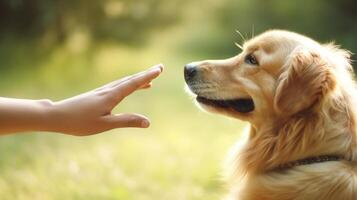 ai generatief hond is geven poot naar haar eigenaar in de park liefde tussen mensen en dieren concept foto