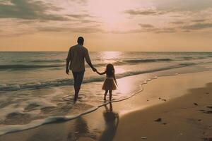 ai generatief vader en dochter Holding handen Bij de strand ik liefde u vader familie concept foto