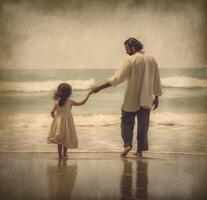 ai generatief vader en dochter Holding handen Bij de strand ik liefde u vader familie concept foto