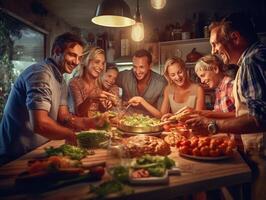 ai generatief groep van Kaukasisch vrienden hebben pret Koken samen pasta en groenten foto