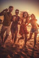 ai generatief groep van dansen mensen hebben pret Bij een strand partij in de zomer jong mensen genieten van leven foto