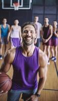 ai generatief groep van vrienden spelen basketbal groep van sportief multiraciaal mensen spelen samen gedurende de zomertijd concept over mensen levensstijl en sport foto