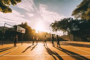 ai generatief groep van vrienden spelen basketbal groep van sportief multiraciaal mensen spelen samen gedurende de zomertijd concept over mensen levensstijl en sport foto