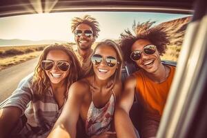 ai generatief groep van vrienden nemen een selfie Bij auto reis in de omgeving van Europa vier Kaukasisch mensen hebben pret Aan een sportief auto buitenshuis foto