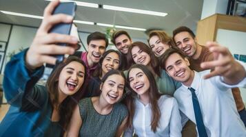 ai generatief groep van gelukkig vrienden nemen selfie Bij huis bedrijf collega's gedurende breken van werk nemen selfie afbeelding in kantoor ontspanning Oppervlakte Bij opstarten kantoor foto