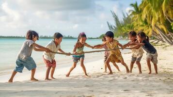 ai generatief groep van multiraciaal vrienden dansen limbo Bij strand foto