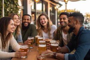 ai generatief groep van multiraciaal vrienden hebben achtertuin avondeten partij samen verschillend jong mensen zittend Bij bar tafel roosteren bier bril in brouwerij kroeg tuin gelukkig uur lunch breken een foto
