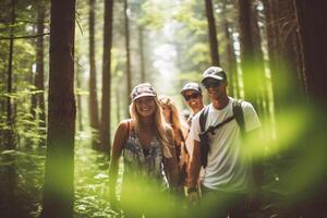 ai generatief groep van mensen wandelen in een Woud van terug avontuur reizen toerisme wandeltocht en mensen vriendschap concept sport- werkzaamheid foto