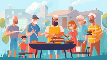 ai generatief groep van senior mensen hebben bbq avondeten partij in huis tuin gelukkig familie aan het eten voedsel en drinken wijn samen zittend Bij restaurant tafel foto