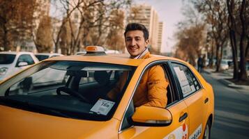 ai generatief handig Kaukasisch Mens roeping Aan de telefoon hij is roeping een taxi Aan de weg op zoek Bij de camera glimlachen foto