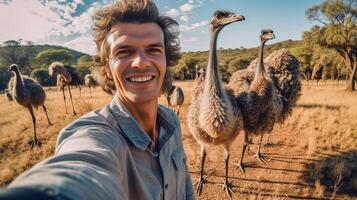 ai generatief knap toerist Mens nemen een zelf portret met een kangoeroe Bij vakantie Australië foto