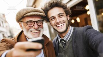 ai generatief gelukkig barman nemen een selfie jong Kaukasisch Mens is glimlachen Bij de camera concept over mensen levensstijl en technologie foto