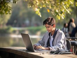 ai generatief gelukkig mannetje blogger nemen een selfie in de park terwijl werken Aan laptop apparaat gebruik makend van draadloze internet jong Mens Universiteit leerling online aan het leren via computer afgelegen werk en zo foto