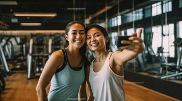 ai generatief gelukkig moeder en dochter nemen een selfie training Sportschool Bij huis gedurende quarantaine concept over mensen familie Sportschool Bij huis sport foto