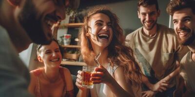 ai generatief gelukkig mensen nemen een selfie Bij huis partij het beste vrienden hebben pret binnen- drinken bier ontmoeten mensen op reis concept foto