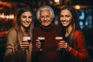 ai generatief gelukkig senior Dames drinken cocktail bril zittend Bij bar tafel groep van het beste vrienden genieten van gelukkig uur juichen drankjes Bij kroeg restaurant leven stijl concept met meisjes hangen foto