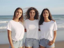 ai generatief gelukkig drie Dames hebben pret wandelen Aan de strand jong mensen Bij vakantie vakantie Bij zomer genieten vrijheid foto