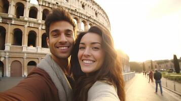 ai generatief gelukkig toerist nemen een selfie Bij de colosseum Rome Italië foto