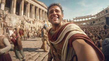 ai generatief gelukkig toerist nemen een selfie Bij de colosseum in Rome Italië foto