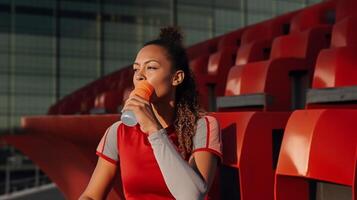 ai generatief spaans loper vrouw drinken energie drinken buitenshuis foto