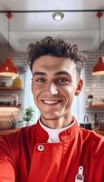 ai generatief Italiaans chef van een restaurant nemen een selfie Koken spaghetti voedsel foto