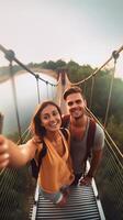 ai generatief liefhebbend paar nemen een selfie in Londen Aan een brug Kaukasisch mensen mensen technologie en levensstijl concept foto