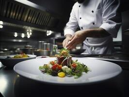 ai generatief mannetje chef voorbereidingen treffen een salade in de keuken van een restaurant voedsel concept foto