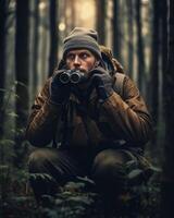 ai generatief mannetje wandelaar staand in donker Woud Mens met rugzak wandelen in mysterie bos- reiziger in natuur moed risico en succes concept foto