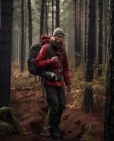 ai generatief mannetje wandelaar staand in donker Woud Mens met rugzak wandelen in mysterie bos- reiziger in natuur moed risico en succes concept foto