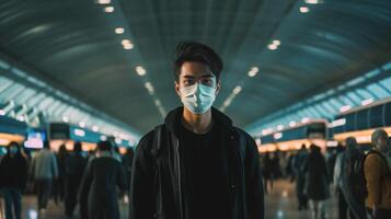 ai generatief Mens vervelend beschermend gezicht masker nemen selfie portret Bij terminal luchthaven gelukkig toerist aan het wachten naar bord de vlak gezondheidszorg en vervoer concept foto