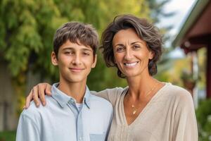 ai generatief mam en zoon nemen selfie buiten gelukkig familie vieren moeders dag samen foto