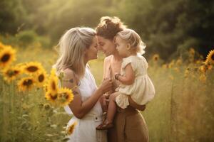 ai generatief moeder dag concept liefde van moeder en dochters blij mamma is Holding mooi hoor bloemen en is ontvangen kus van haar twee dochters wijnoogst filter foto