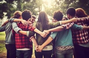 ai generatief multicultureel Universiteit studenten stapelen handen samen in college campus jong mensen knuffelen buiten symboliseert eenheid en samenspel foto