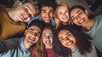 ai generatief multiraciaal groep van jong mensen staand in cirkel glimlachen Bij camera Internationale samenspel studenten knuffelen samen menselijk middelen en jeugd cultuur concept foto